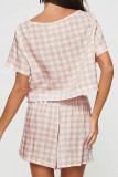 Casual Daily Plaid Lace Up Contrast U Neck Short Sleeve Two Pieces