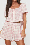 Casual Daily Plaid Lace Up Contrast U Neck Short Sleeve Two Pieces
