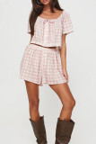 Casual Daily Plaid Lace Up Contrast U Neck Short Sleeve Two Pieces