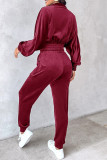 Casual Daily Solid Color Zipper Turndown Collar Long Sleeve Two Pieces