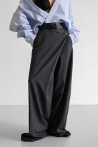 Solid Color Pocket Buttons Irregular Loose High Waist Wide Leg Solid Color Bottoms(No Belt)