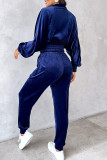 Casual Daily Solid Color Zipper Turndown Collar Long Sleeve Two Pieces
