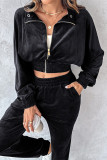 Casual Daily Solid Color Zipper Turndown Collar Long Sleeve Two Pieces