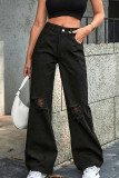 Casual Daily Solid Color Ripped Pocket Loose High Waist Straight Solid Color Bottoms