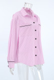 Casual Street Striped Print Pocket Patchwork Turndown Collar Tops