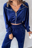 Casual Daily Solid Color Zipper Turndown Collar Long Sleeve Two Pieces