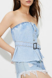 Sexy Solid Color Buttons Patchwork Adjustable Strapless Tops