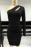 Sexy Solid Color Hollow Out Sloping Shoulder Wrapped Skirt Dresses