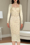 Sexy Floral Print Ruched Square Neck One Step Skirt Dresses