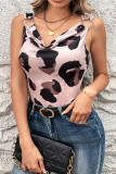 Sexy Leopard Print Patchwork Metal Accessories Trim U Neck Tops