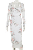Sexy Floral Print Ruched Square Neck One Step Skirt Dresses