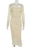 Sexy Floral Print Ruched Square Neck One Step Skirt Dresses
