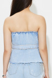 Sexy Solid Color Buttons Patchwork Adjustable Strapless Tops