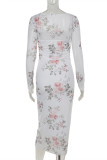 Sexy Floral Print Ruched Square Neck One Step Skirt Dresses