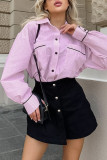 Casual Street Striped Print Pocket Patchwork Turndown Collar Tops