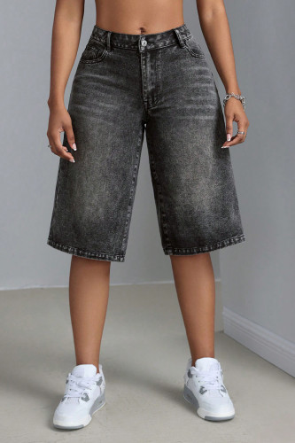 Casual Street Solid Color Distressed Buttons Loose High Waist Straight Solid Color Bottoms