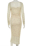 Sexy Floral Print Ruched Square Neck One Step Skirt Dresses
