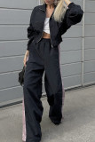 Casual Street Colorblock Patchwork Zipper Contrast Turndown Collar Long Sleeve Two Pieces