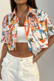 Casual Daily Graffiti Print Pocket Contrast Turndown Collar Tops