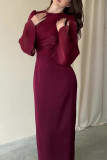 Elegant Solid Color Ruched O Neck One Step Skirt Dresses