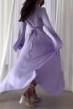Elegant Solid Color Lace Up Patchwork Mandarin Collar A Line Dresses