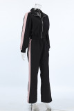 Casual Street Colorblock Patchwork Zipper Contrast Turndown Collar Long Sleeve Two Pieces