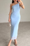 Sexy Solid Color Patchwork Sloping Shoulder One Step Skirt Dresses