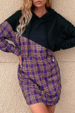 Casual Daily Plaid Draw String Patchwork Contrast Hooded Tops