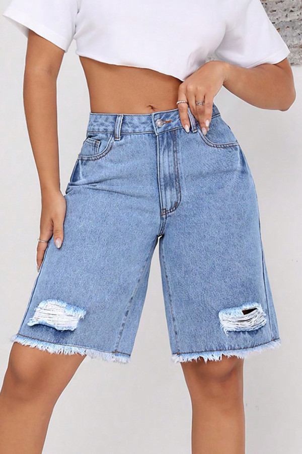 Casual Street Solid Color Ripped Pocket Mid Waist Loose Denim Shorts