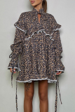 Elegant Leopard Print Flowers Lace Up Patchwork Ruffle Half A Turtleneck A Line Dresses