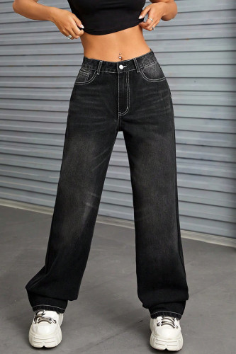 Casual Street Solid Color Distressed Patchwork Mid Waist Loose Denim Jeans