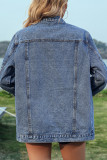 Casual Street Solid Color Fringed Trim Distressed Beading Turndown Collar Long Sleeve Loose Denim Jacket