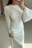 Elegant Solid Color Ruched O Neck One Step Skirt Dresses