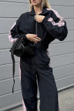 Casual Street Colorblock Patchwork Zipper Contrast Turndown Collar Long Sleeve Two Pieces