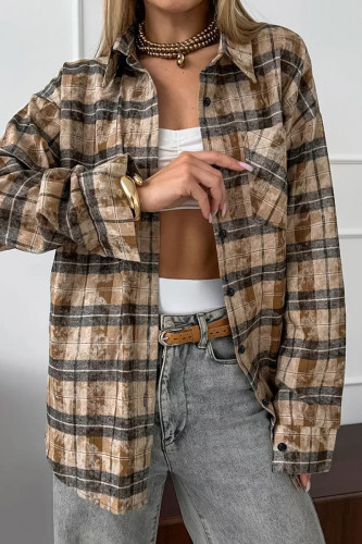 Casual Daily Plaid Distressed Contrast Turndown Collar Tops