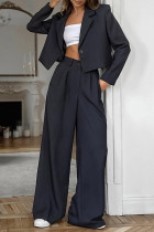 Casual Business Wear Solid Color Pocket Buttons Turn-back Collar Long Sleeve Two Pieces