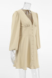 Daily Solid Color Buttons V Neck A Line Dresses