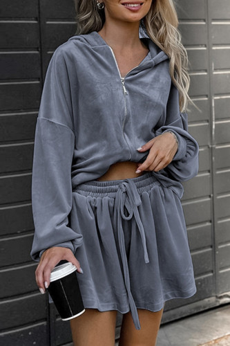 Casual Street Solid Color Lace Up Zipper Hooded Long Sleeve Two Pieces