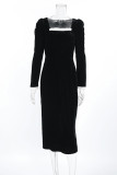 Celebrities Elegant Solid Color Ruffle Contrast Square Neck Wrapped Skirt Dresses