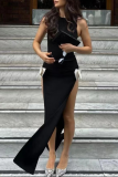 Sexy Solid Color Slit Bow Decor O Neck Evening Dresses