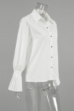 Casual Daily Solid Color Buttons Ruffle Ruched Turndown Collar Tops
