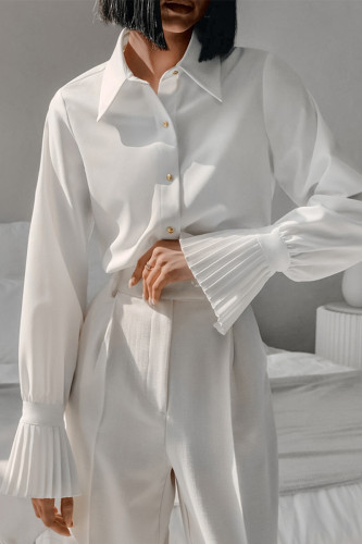 Casual Daily Solid Color Buttons Ruffle Ruched Turndown Collar Tops