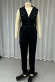 Sexy Street Solid Color Hollow Out Zipper Turndown Collar Regular Jumpsuits