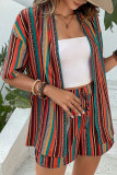 Casual Striped Print Lace Up Contrast Cardigan Collar Short Sleeve Two Pieces