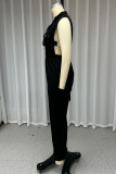 Sexy Street Solid Color Hollow Out Zipper Turndown Collar Regular Jumpsuits