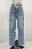 Casual Street Gradient Color Distressed Pocket Lace Up Contrast Loose Denim Jeans
