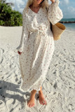 Daily Elegant Floral Print Lace Up V Neck A Line Dresses