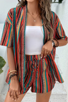 Casual Striped Print Lace Up Contrast Cardigan Collar Short Sleeve Two Pieces