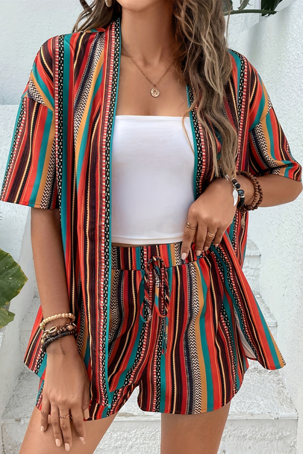 Casual Striped Print Lace Up Contrast Cardigan Collar Short Sleeve Two Pieces