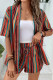 Casual Striped Print Lace Up Contrast Cardigan Collar Short Sleeve Two Pieces